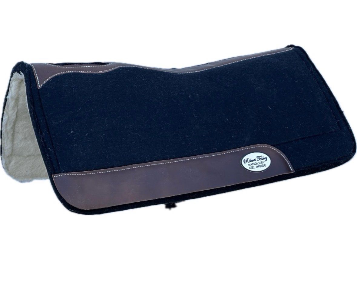 Robert Teskey 1- inch Thickness Moisture Wicking 100% Virgin Wool High Impact Gel Center Fleece Bottom Saddle Pad with Wear Leathers and Leather Spine Size: 32” x32” Black