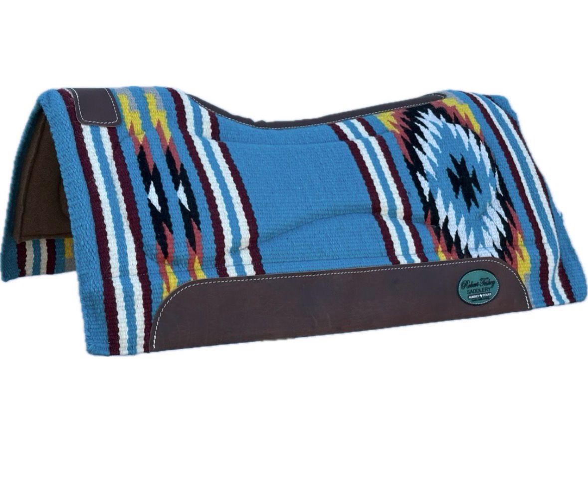 Robert Teskey Contoured Moisture Wicking 100% Wool 3/4- inch Thickness Memory Felt Bottom Gel Saddle Blanket with Brown Wear Leathers and Leather Spine Size: 36”x34” Turquoise