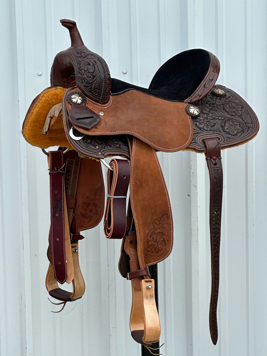 Robert Teskey Elite Barrel Racing Saddle with a 15- inch Black Suede Padded Seat Tooled Floral Dark Finish