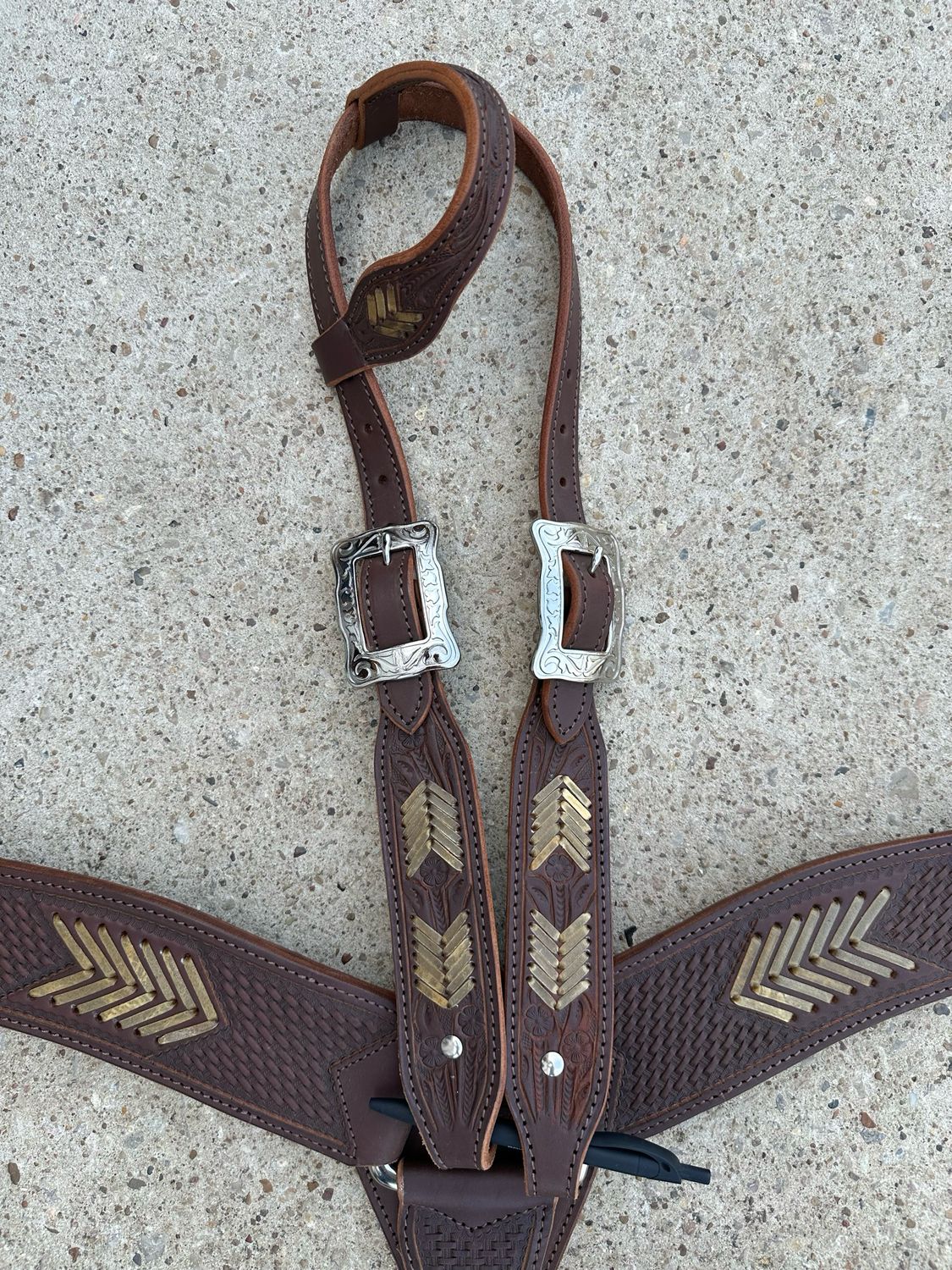 Single Slide Ear Headstall with Matching Breast Collar Rawhide Braided Accents Tooled Basket Weave Dark Finish Fancy Buckles Set