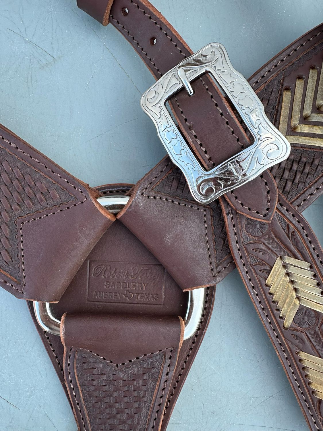 Set of Breast Collar and Single Slide Ear Headstall Rawhide Braided Detail Fancy Hardware Tooled Floral and Basket Weave Dark Finish