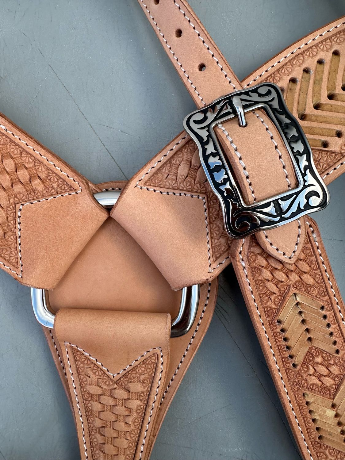 Set of Breast Collar and Single Slide Ear Headstall Rawhide Braided Detail Fancy Hardware Tooled Interlace Weave Light Finish