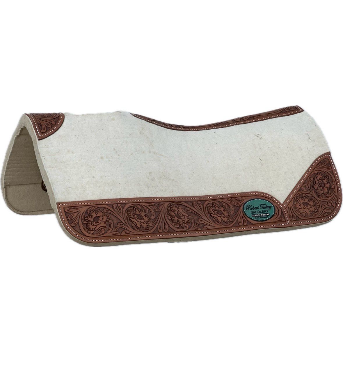 Robert Teskey Saddlery 1 1/4- inch Thickness Merino Wool Saddle Pad contoured with Wear Leathers snd Leather Spine Tooled Floral 28- inch Length Creme
