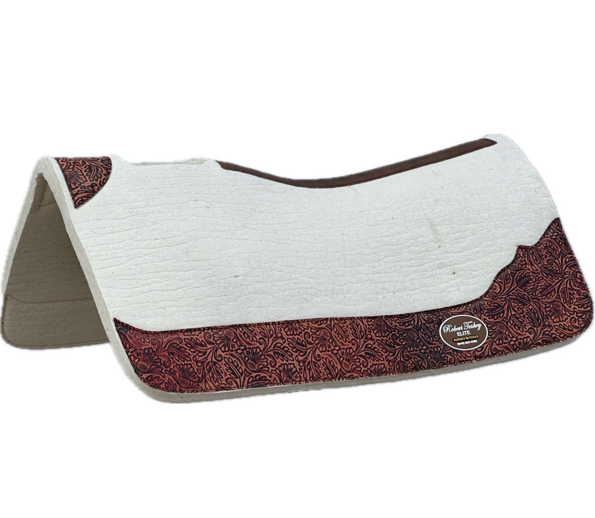 Robert Teskey Contoured 1- inch Thickness Merino Wool Saddle Pad with Wear Leathers and Leather Spine Tooled Floral 32”x 32” Creme
