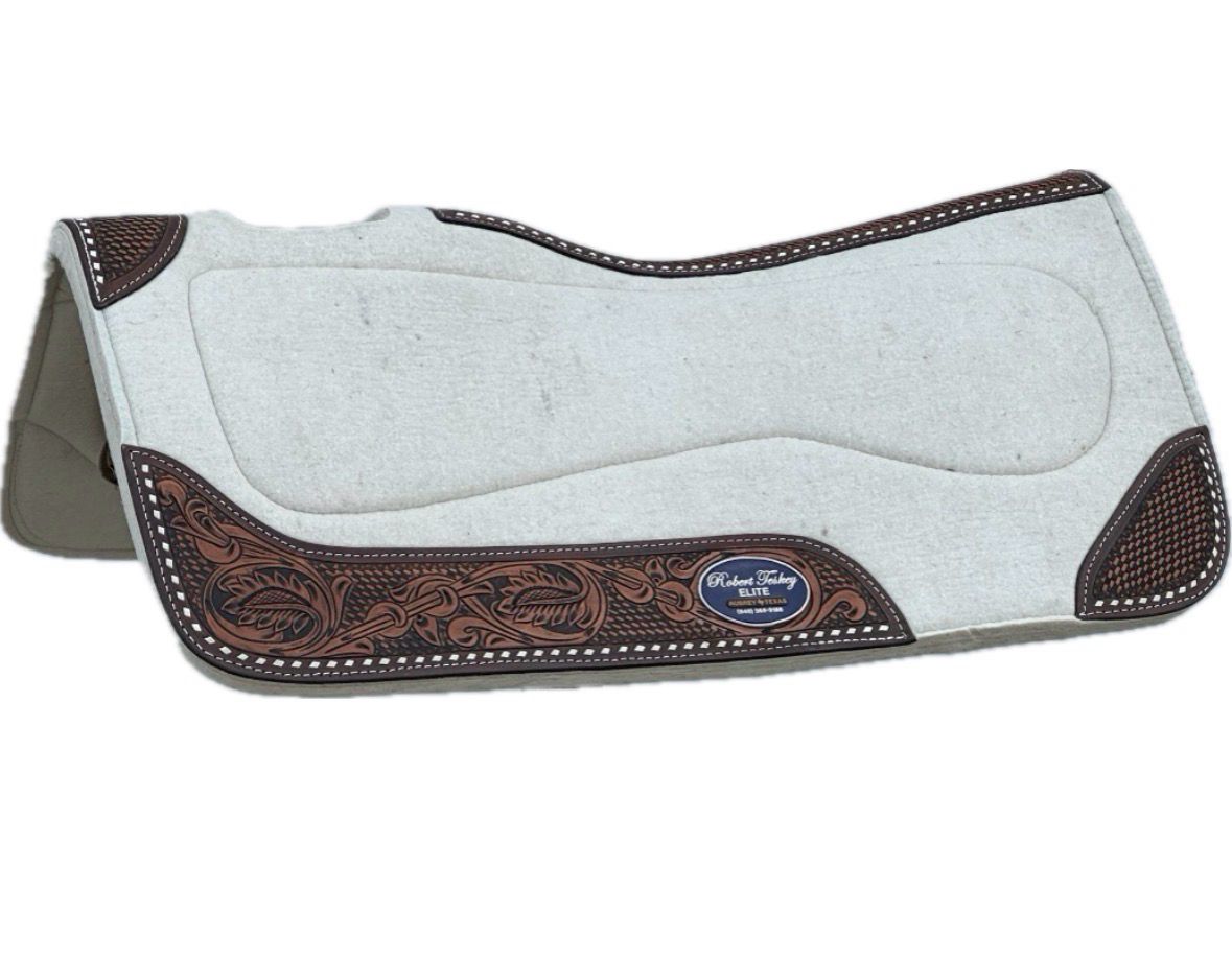 Robert Teskey Elite 1- inch Thickness Contoured Merino Wool Saddle Pad with Wear Leathers and Leather Spine White Buck Stitch 32” x 32” Creme
