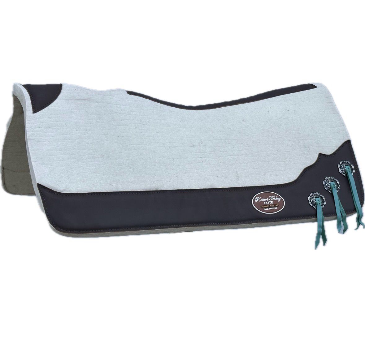 Robert Teskey Elite Contoured 1/ inch Thickness Merino Wool Saddle Pad with Wear Leathers and Leather Spine Slotted Conchos and Turquoise Fringe 32” x32” Creme