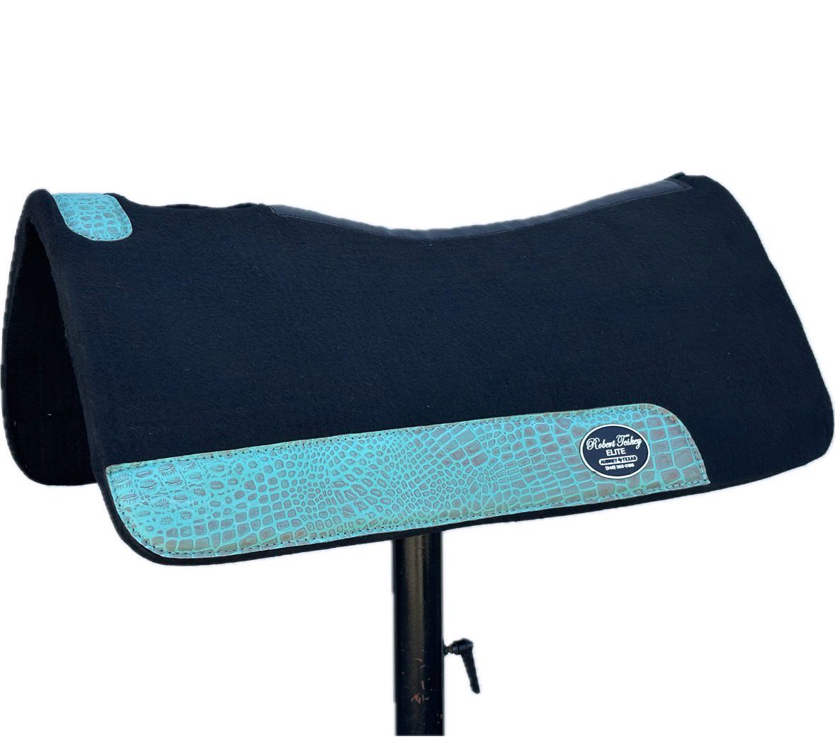 Robert Teskey Elite Contoured 1- inch Thickness Felt Saddle Pad with Wear Leathers and Leather Spine Turquoise Print 32”x32” Black