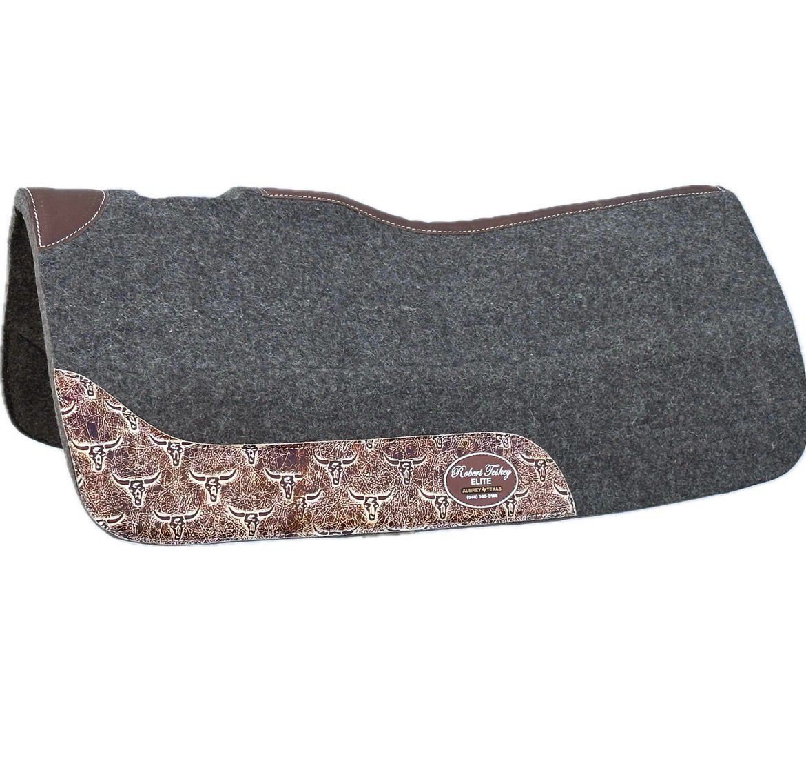 Robert Teskey Elite Contoured 1- inch Thickness Merino Wool Saddle Pad with Wear Leathers and Leather Spine Longhorn Print 32”x32” Brown Melange