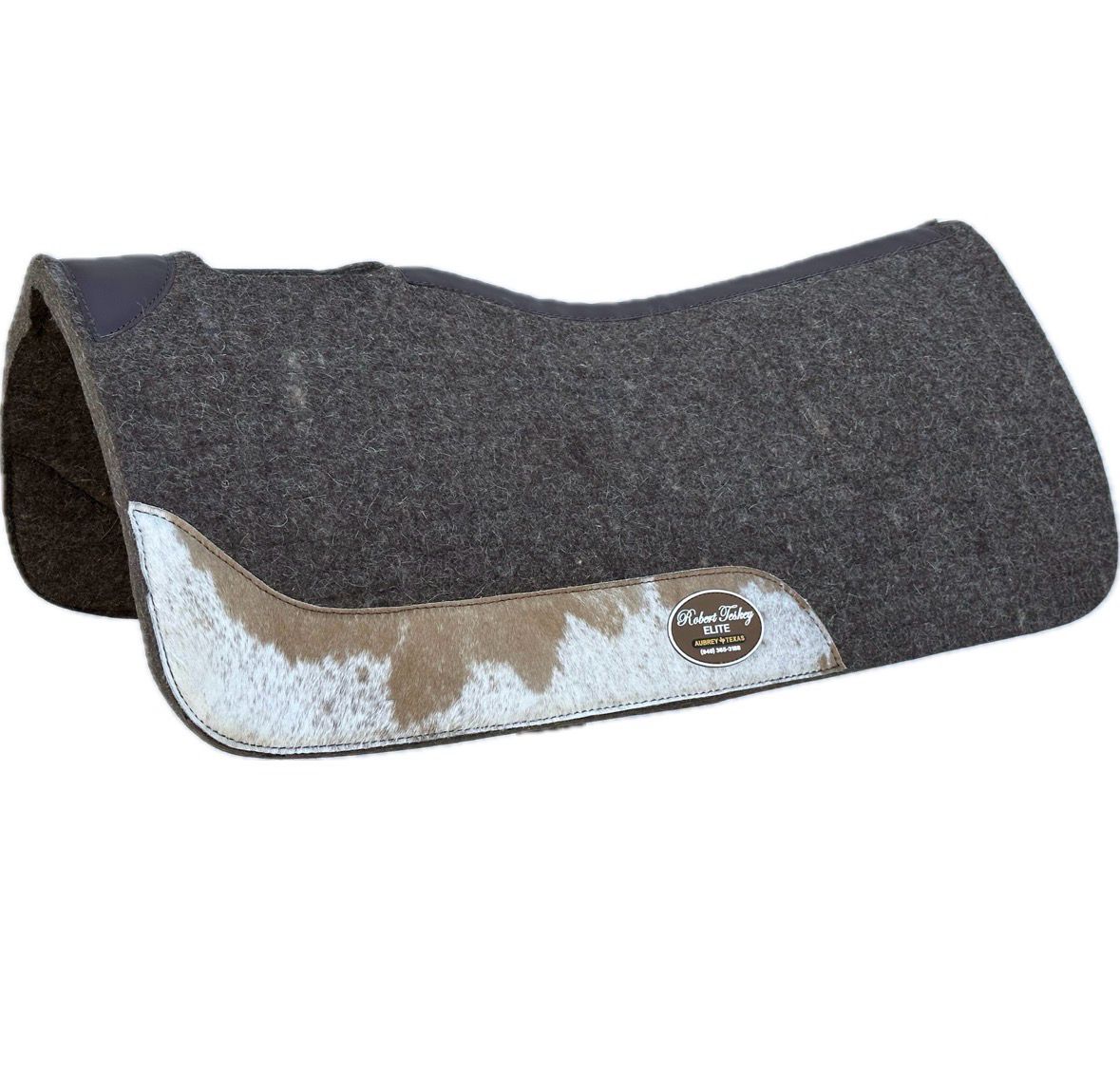 Robert Teskey Elite Contoured 1- inch Thickness Merino Wool Saddle Pad with Wear Leathers and Leather Spine Cow Hide 32”x32” Brown Melange