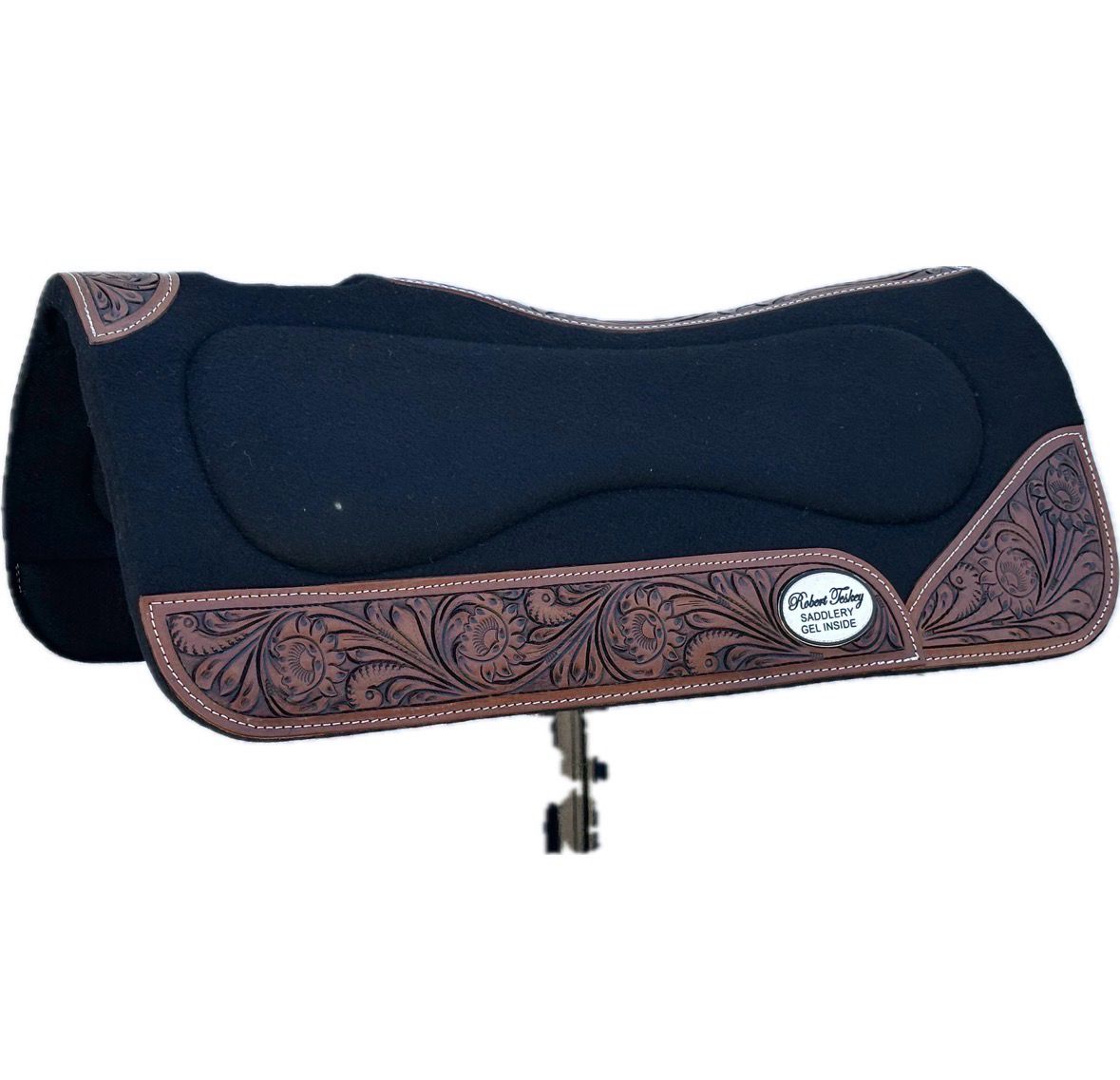 Robert Teskey Elite Contoured 1- inch Thickness Felt Gel Saddle Pad with Wear Leathers and Leather Spine Tooled Floral 32” x32” Black