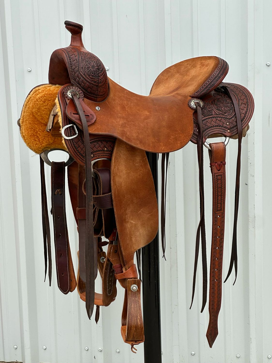 Stuart Rybak Cow Horse Saddle with a 16 1/2- inch Rough Out Seat Tooled Floral with Interlace Border Medium Finish