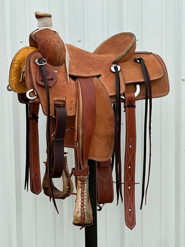 Heart O Texas Seat Rig Ranch Roping Saddle with a 14- Rough Out Seat Double Stitch  Medium Finish