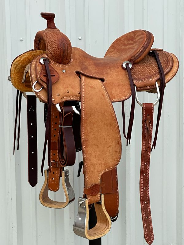 Robert Teskey Strip Down Seat Rig Double Rigging Plate Ranch Roping Saddle with a 14 3/4- inch Rough Out Seat Tooled Hourglass Weave Light Finish
