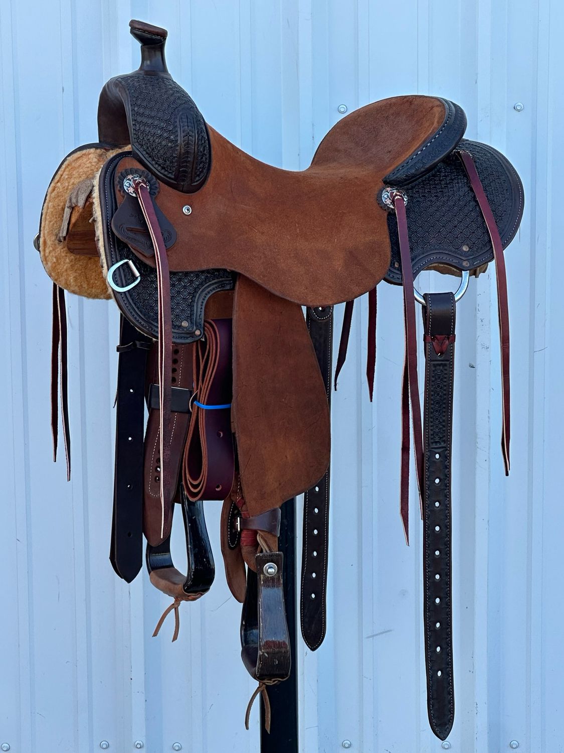 Stuart Rybak Ultra Light Cow Horse Saddle with a 15 1/2- inch Rough Out Seat Tooled Floral Interlace Dark Finish Extra Flare Gullet