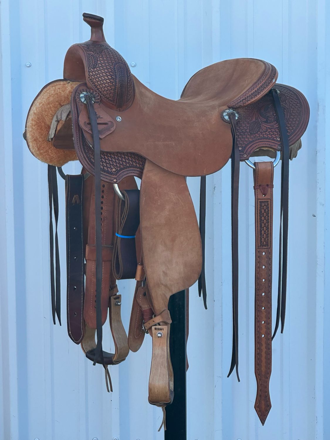 Stuart Rybak Ultra Light Cow Horse Saddle with a 15 1/2- inch Rough Out Seat Tooled Basket Weave with Floral Detail Medium Finish