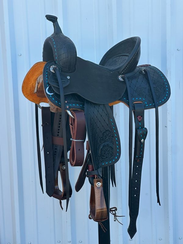 Robert Teskey Elite Barrel Racing Saddle with 14- inch Inlay Seat Tooled Diamond Interlace and Floral with Turquoise Buck Stitch Border Black Finish