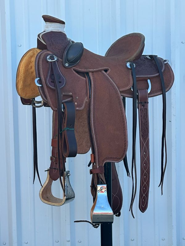 Heart O Texas Cliff Wade Seat Rig Mule Saddle with a 15- inch Rough Out High Back Seat Tooled Floral with Barbwire Border Double Stitch Bucking Rolls Dark Finish