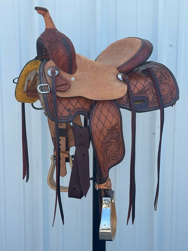 Circle T Saddlery Kid’s Saddle with a 12 1/2- inch Rough Out Seat Tooled Diamond Interlace with Floral Medium Finish