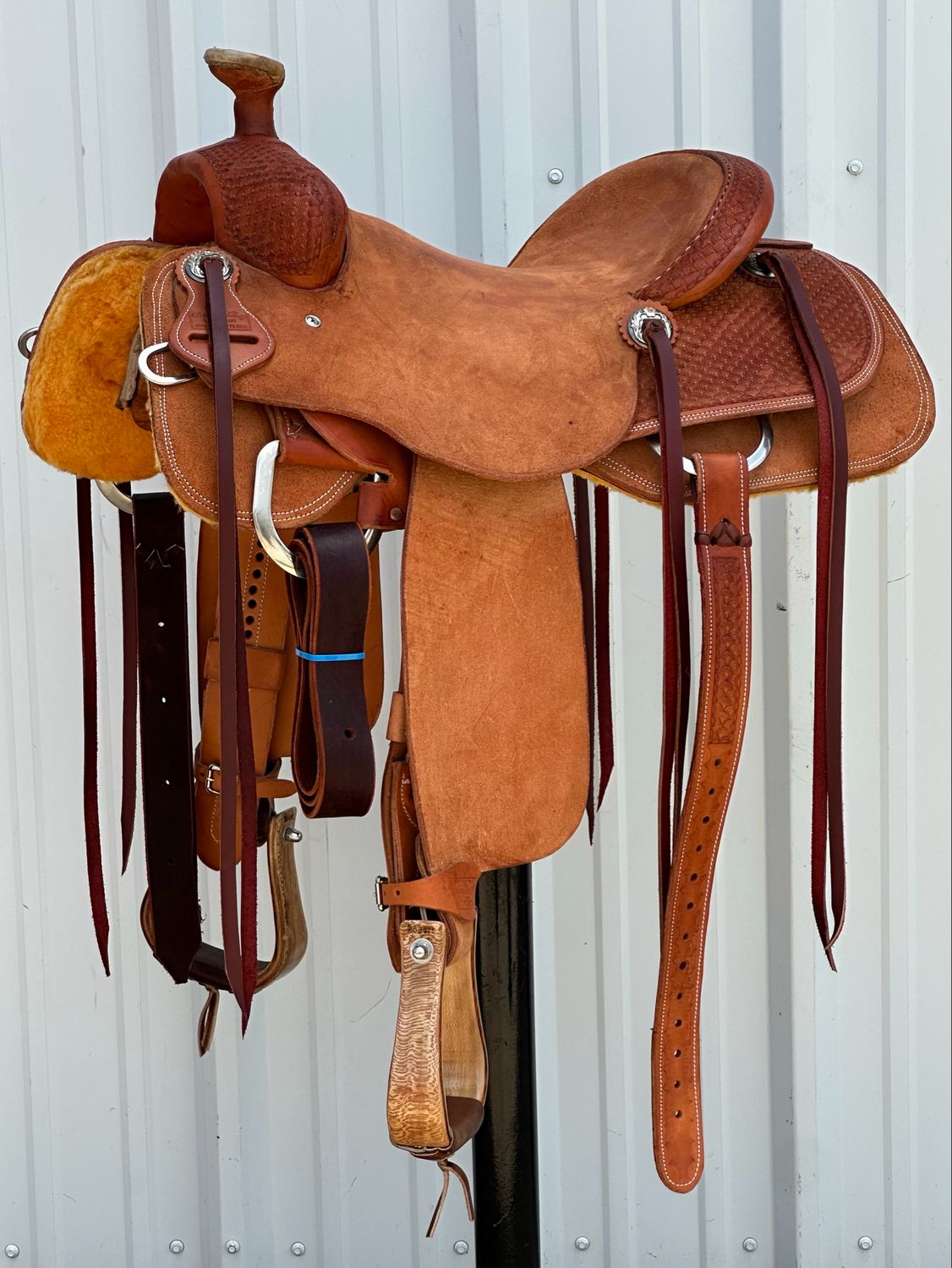 Robert Teskey Ranch Roping Saddle with 14- inch Rough Out Seat Tooled Interlace  Double Stitch Medium Finish