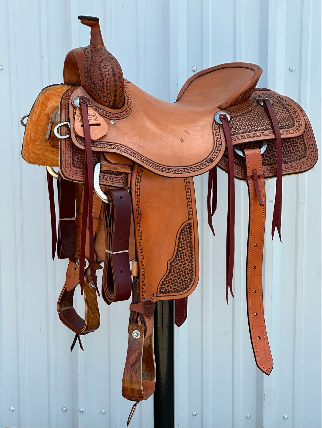 Robert Teskey Ranch Cutting Saddle with 16- inch Slick Out Seat Tooled Interlace with Snake Border Medium Finish