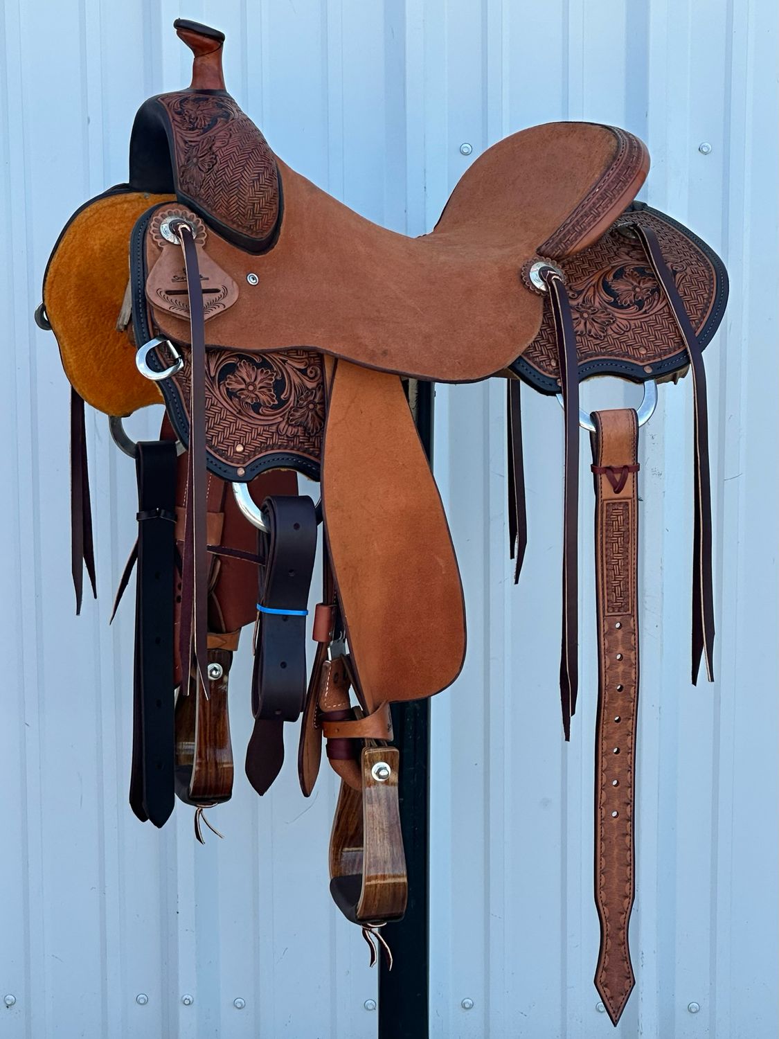 Stuart Rybak Cow Horse Saddle with a 16 1/4- inch Rough Out Seat Tooled Interlace with Floral Accent Painted Border Medium Finish