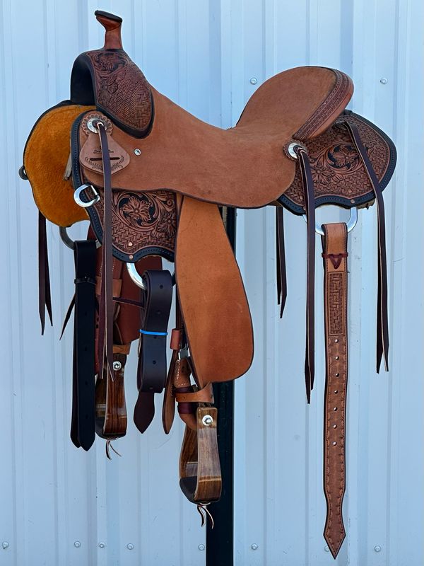 Stuart Rybak Cow Horse Saddle with a 16 1/4- inch Rough Out Seat Tooled Interlace with Floral Accent Painted Border Medium Finish