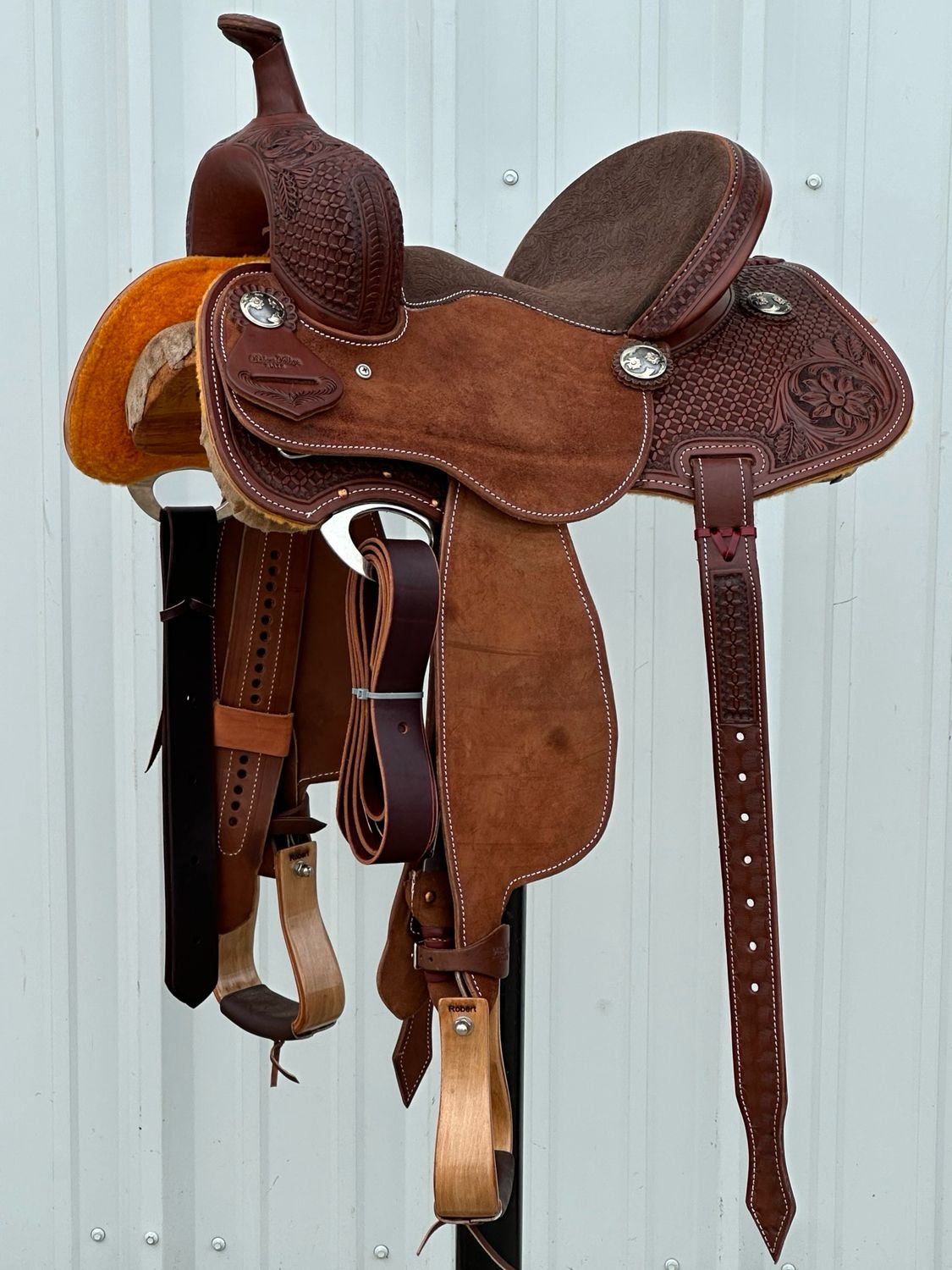Robert Teskey Elite Barrel Racing Saddle with a 13- inch Padded Brown Floral Embossed Suede Seat Tooled Interlace with Floral Accent Medium Dark Finish