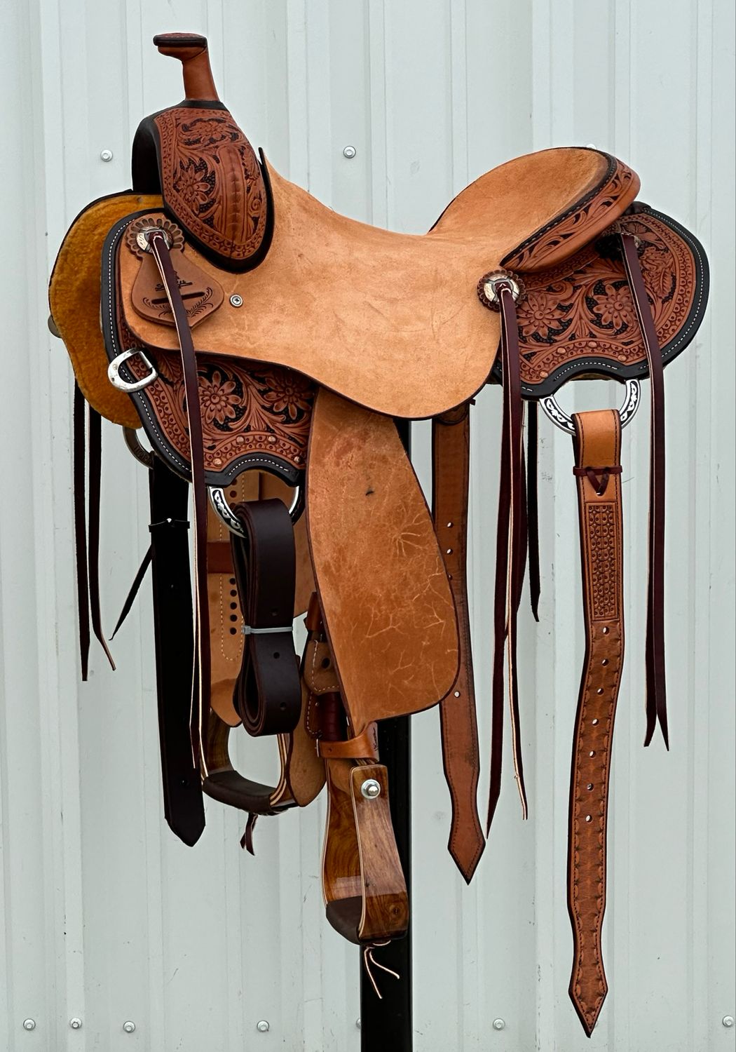 Stuart Rybak Ranch Cutting Horse Saddle with a 16- inch Rough Out Seat Tooled Floral with Floral Border and Painted Edge Jeremiah Watt Hardware Medium Finish
