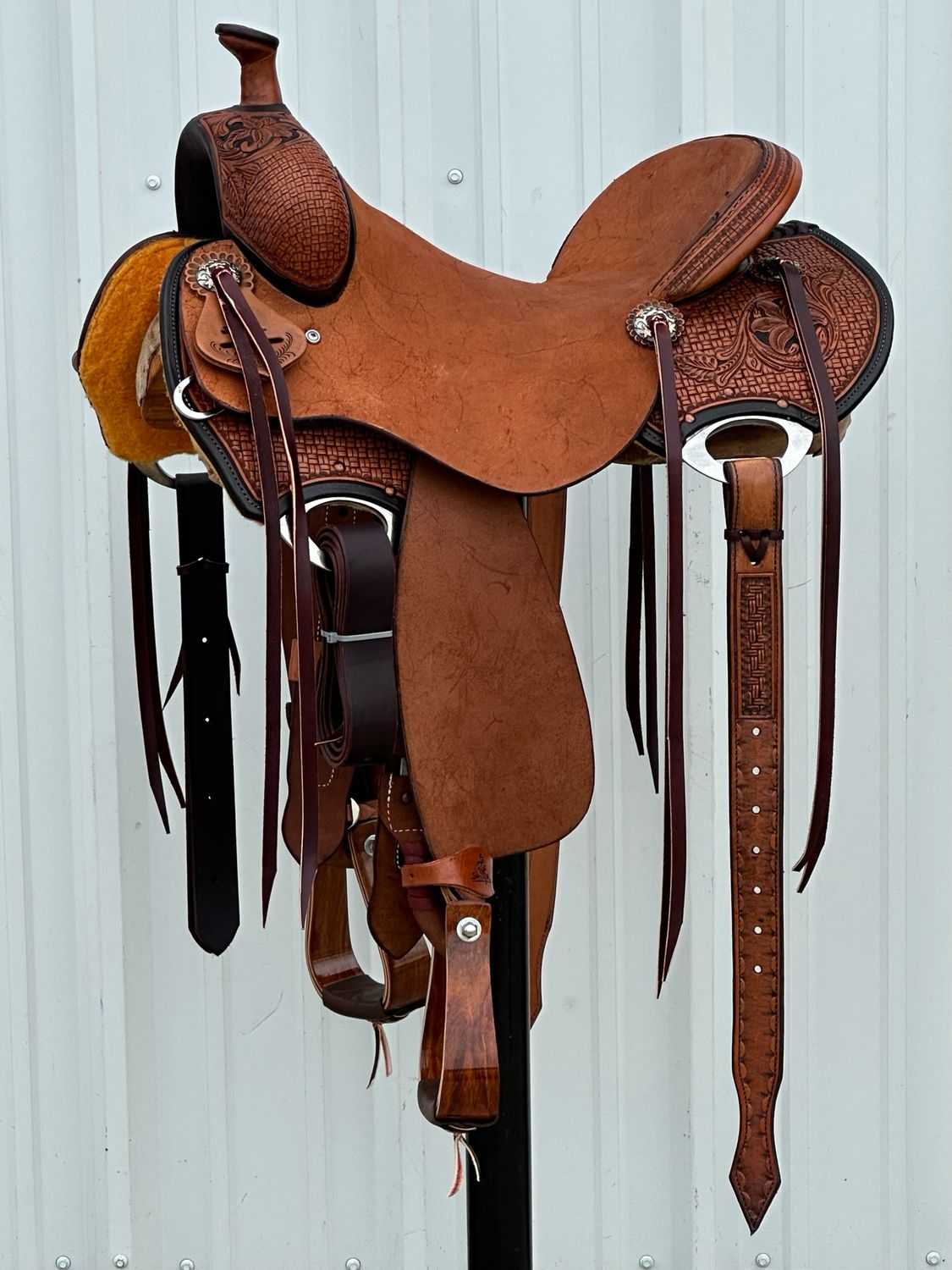 Stuart Rybak Cow Horse Saddle with a 16- inch Rough Out Seat Tooled Interlace with Floral Accent and Painted Edge Medium Finish