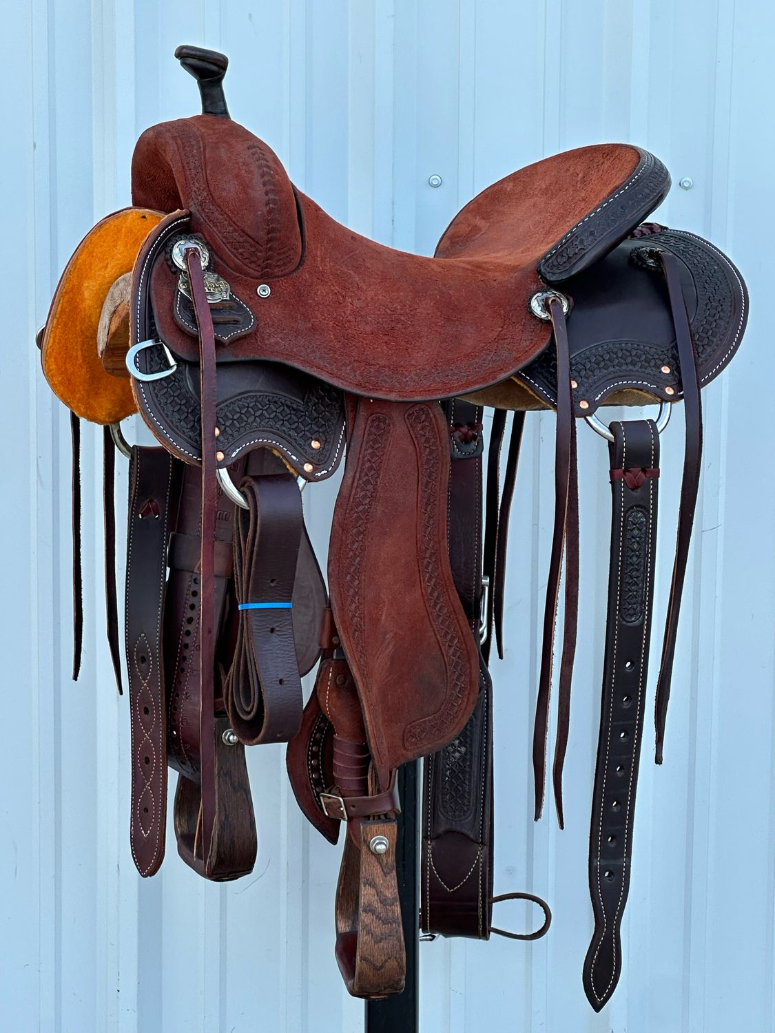 Stuart Rybak Elite Cow Horse Saddle with a 16- inch Rough Out Seat Tooled with Floral Border Dark Finish Wide Flat Bar Tree