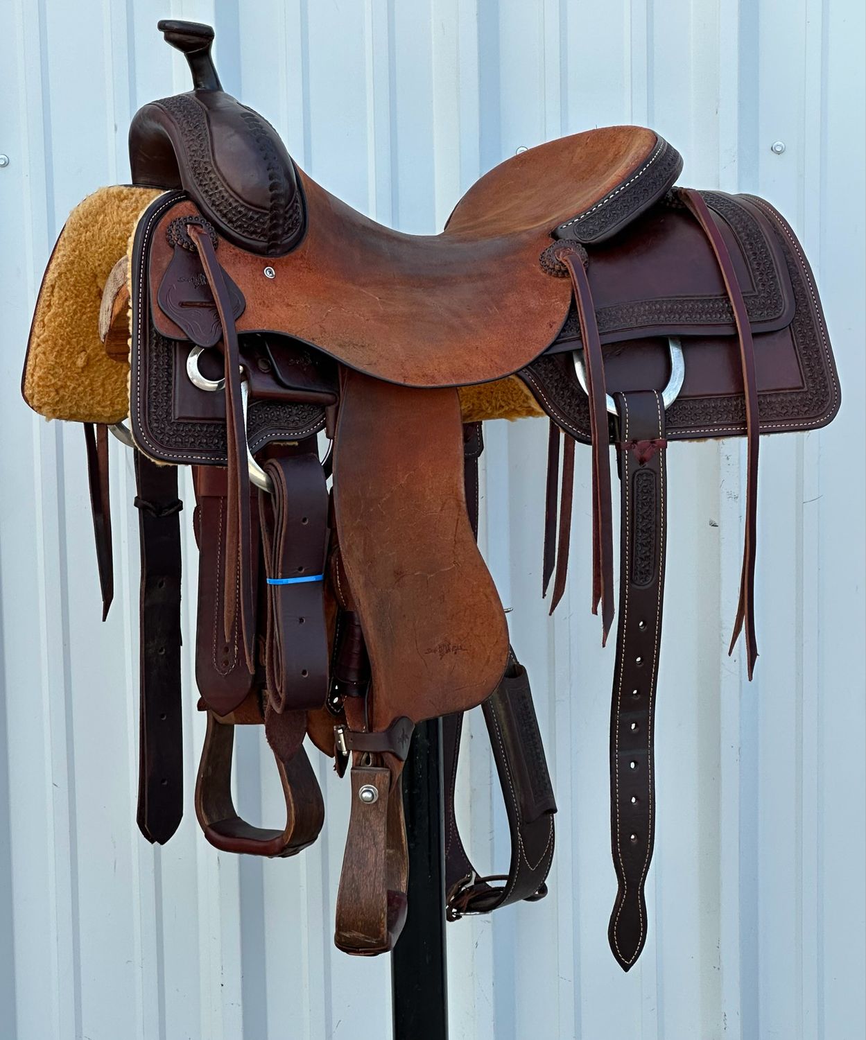 Stuart Rybak Cow Horse Saddle with a 16 1/2- inch Rough Out Seat Tooled With Wide Floral Border Wide Flat Bar Tree Dark Finish