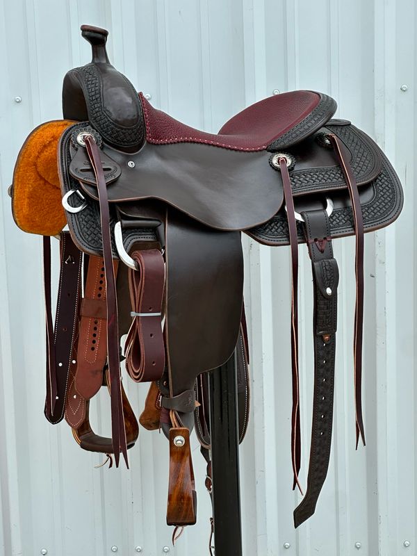 Stuart Rybak Cow Horse Saddle with a 16- inch Burgundy Red Textured Padded Seat Tooled with Interlace And Floral Border Dark Finish