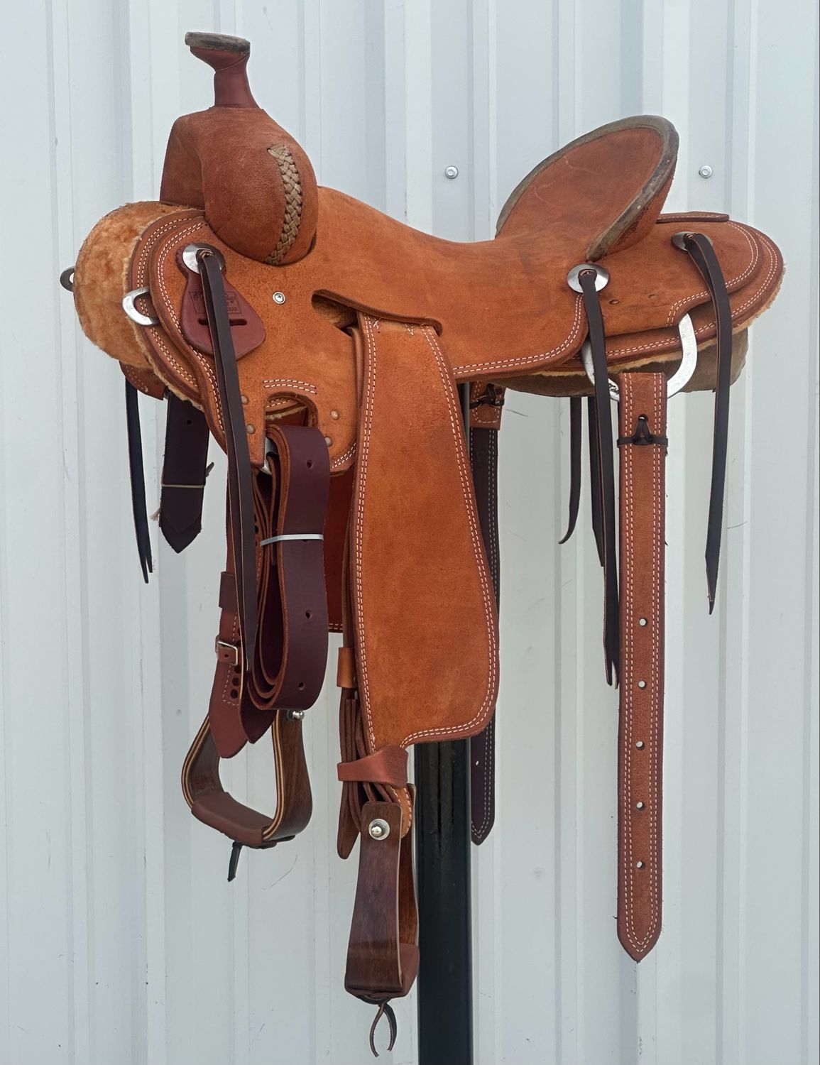 Robert Teskey Strip Down Seat Rig Ranch Roping Saddle with a 16- inch Rough Out Seat Double Stitch Medium Finish WJ- Tree with Rawhide Braided Detail