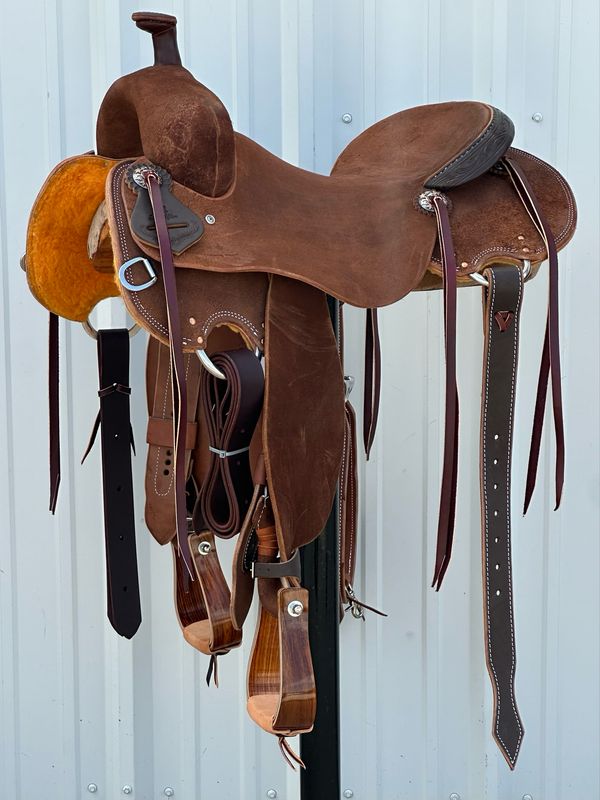 Stuart Rybak Cow Horse/ Work Saddle with a 16- inch Rough Out Seat Tooled on Cantle Medium Dark Finish WJ - Tree