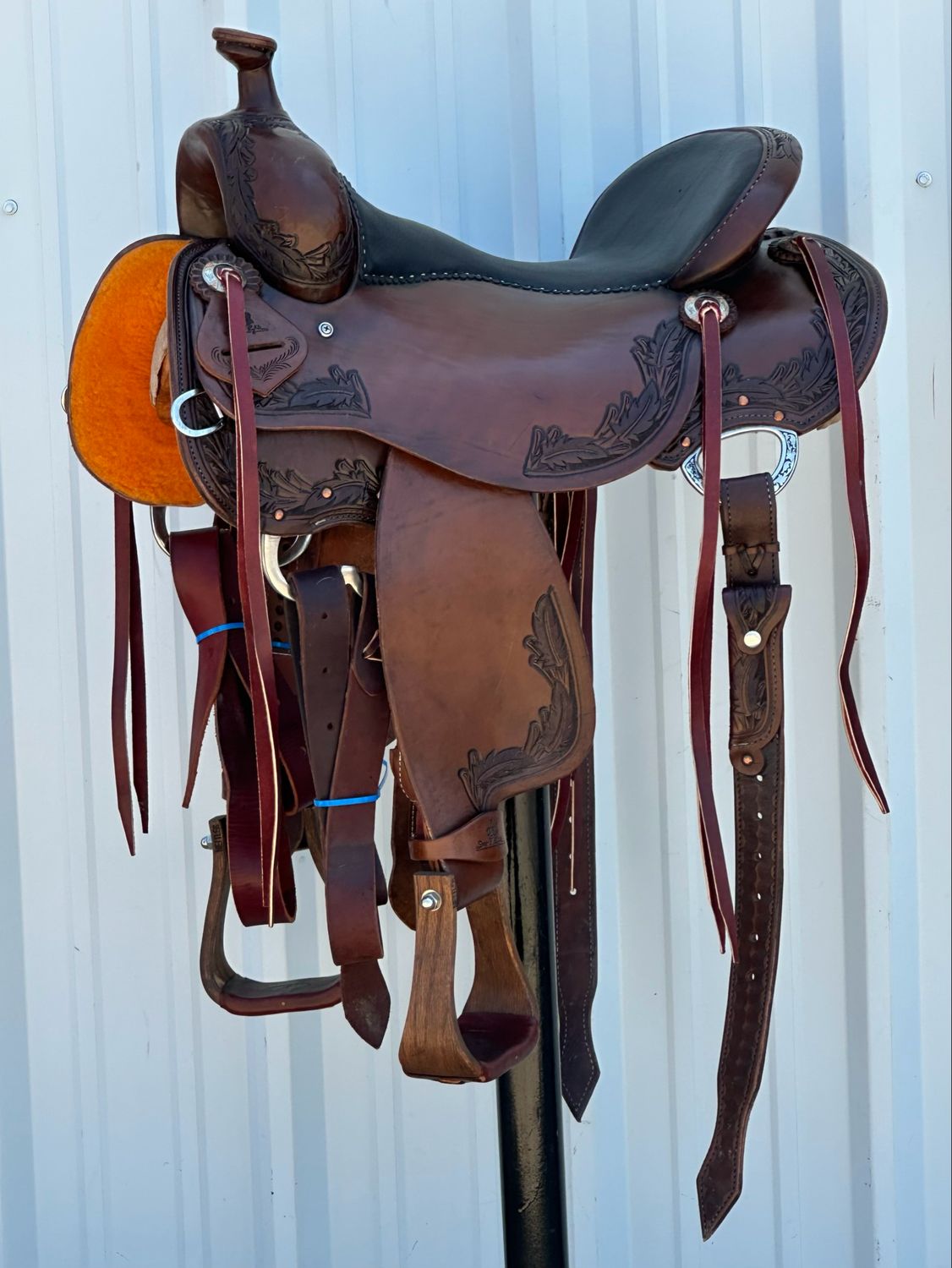 Stuart Rybak Cow Horse Saddle with a 16- inch Black Textured Padded Seat Tooled with Feather Border Dark Finish