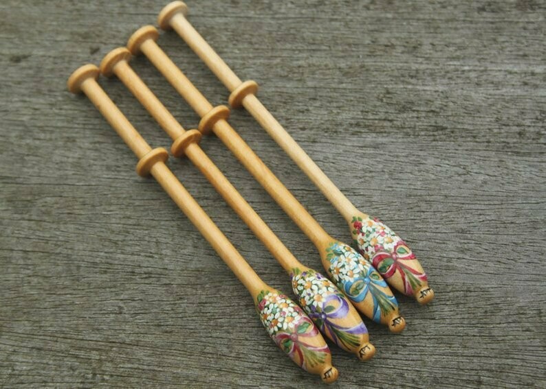 Painted Binche Guatambu Lace Bobbin - Bouquet with choice of coloured ribbon