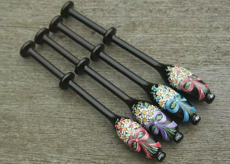 Painted Bruge Ebony Lace Bobbin - Set of four Bouquet with coloured ribbons