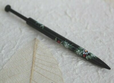 Painted Honiton Ebony Lace Bobbin - White Flowers, Red Berries and Fir Branches