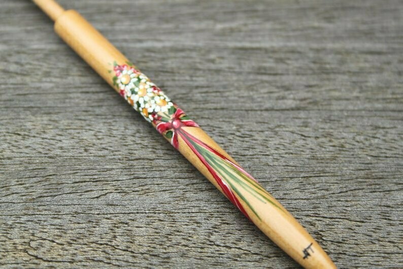 Painted Honiton Boxwood Lace Bobbin - Red Bouquet