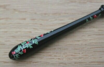 Painted Bayeux Ebony Lace Bobbin - Spiral of Red Berries & Leaves