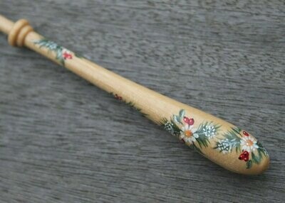 Painted Bayeux Guatambu Lace Bobbin - Spiral of Fir Branches, Red Berries & White Flowers design