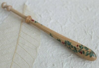 Painted Bayeux Guatambu Lace Bobbin - Spiral of Red Berries & Leaves