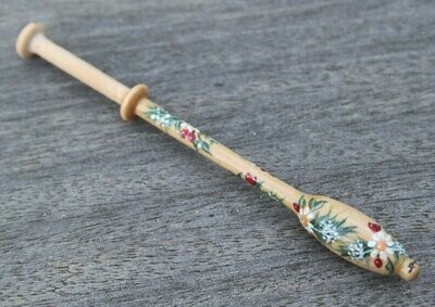 Painted Binche Guatambu Lace Bobbin - A Spiral of Fir Branches, flowers, berries and leaves