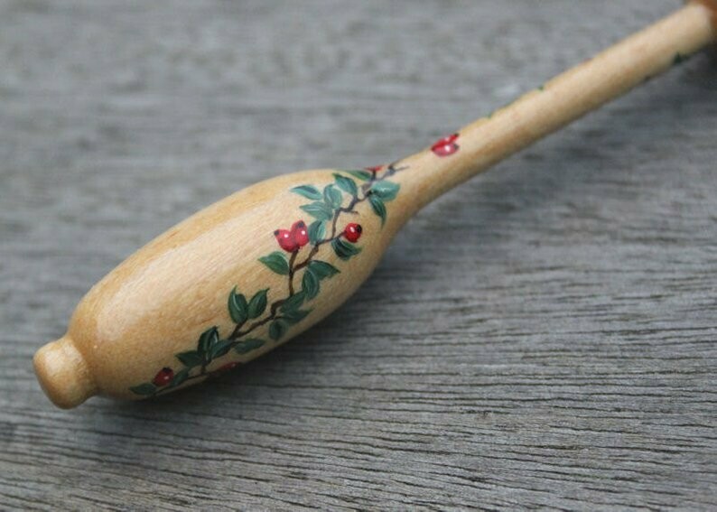 Painted Bruge Guatambu Lace Bobbin - Spiral of Red Berries & Leaves