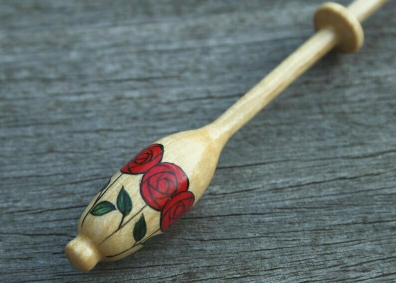 Painted Bruge Guatambu Lace Bobbin - Stylized Red Roses