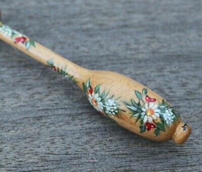 Painted Bruge Guatambu Lace Bobbin - Spiral of Fir Branches, Flowers, Winter Berries and Leaves
