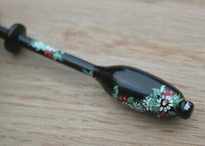 Painted Bruge Ebony Lace Bobbin - Spiral of Fir Branches, Berries & Flowers