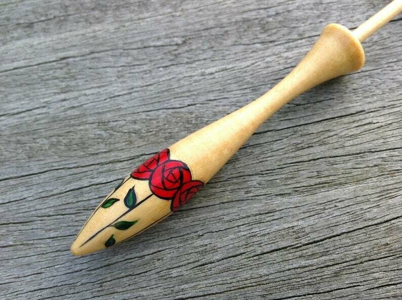 Painted Danish Guatambu Lace Bobbin - Stylized Red Rose