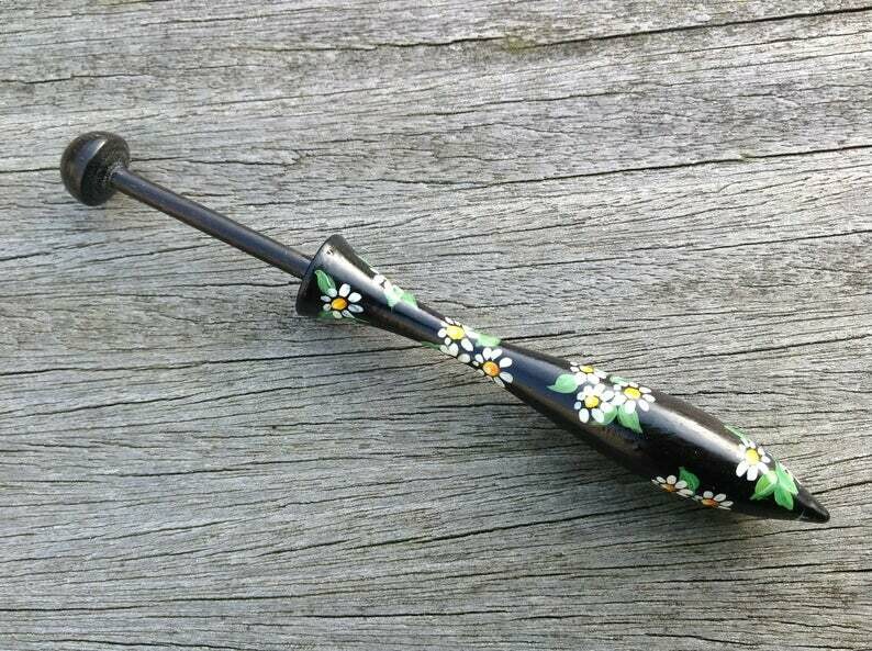 Painted Danish Ebony Lace Bobbin - Bunches of Daisies