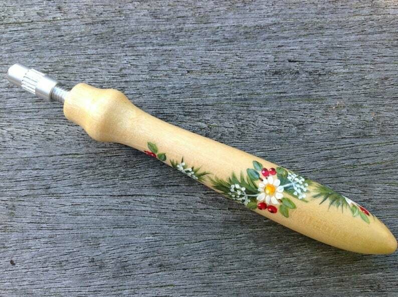 Painted bobbin lace pin vice (pricker) - Fir Branches etc.